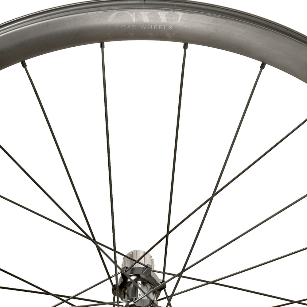 DSC_0008 Zoom sur le haut avec le logo gravé, le moyeu et les rayons d'une roue vélo carbone Mountain GOAT D35.2