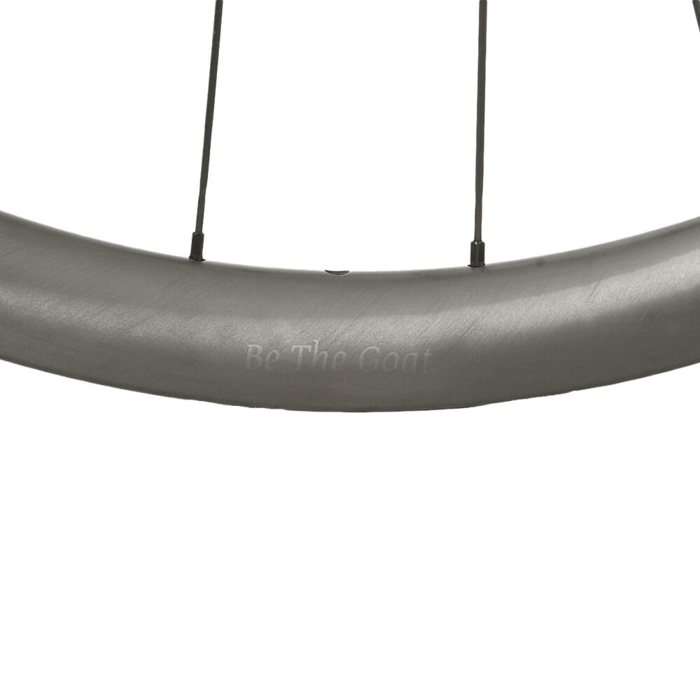 DSC_0010 Zoom sur le bas et son logo gravé d'une roue vélo carbone Mountain GOAT D35.2